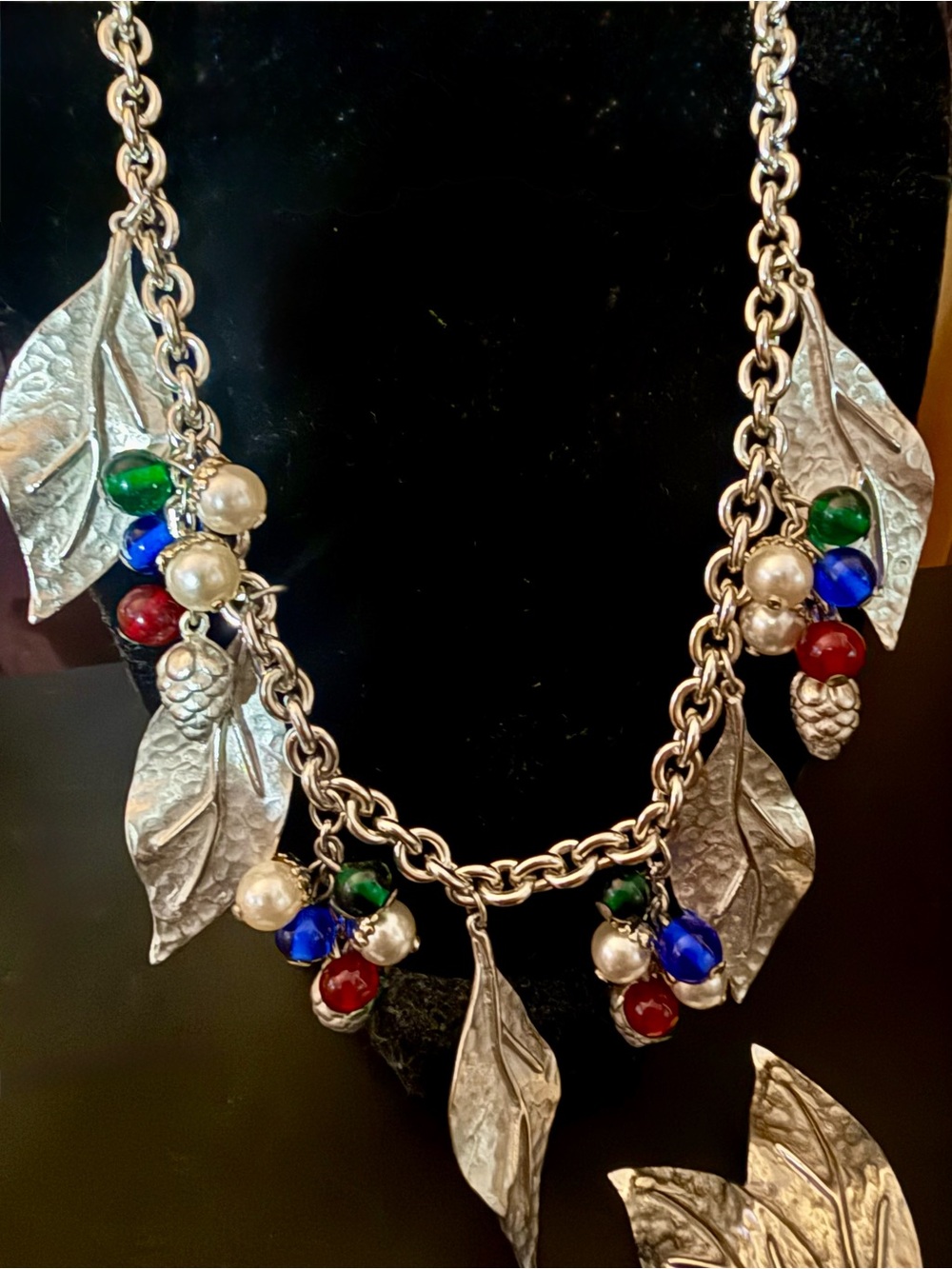Vintage Mid-Century Silver Leaf Berry Cluster Charm Necklace & Earrings Set - Picture 6 of 9